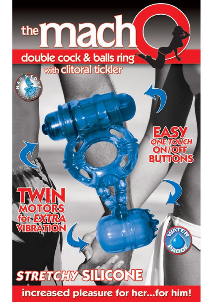 The Macho Double Cock And Balls Ring With Clitoral Tickler Silicone Waterproof Blue
