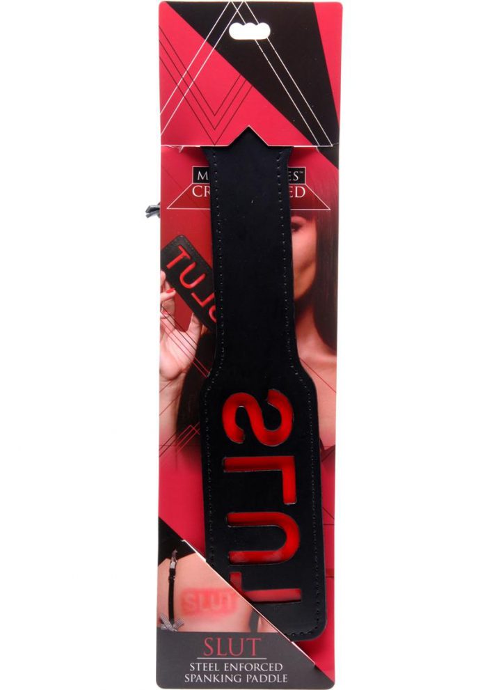 Master Series Crimson Tied Collection Slut Steel Enforced Faux Leather Spanking Paddle Black 12.5 Inch