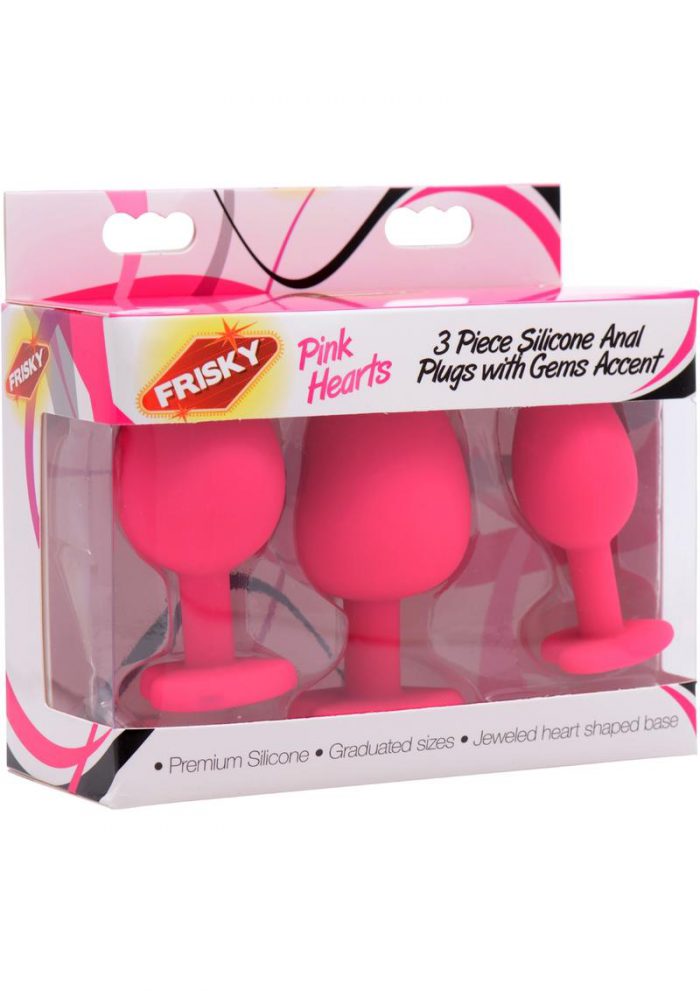 Frisky Pink Hearts Silicone Anal Plugs With Gem Accents Pink 3 Assorted Sizes Per Box