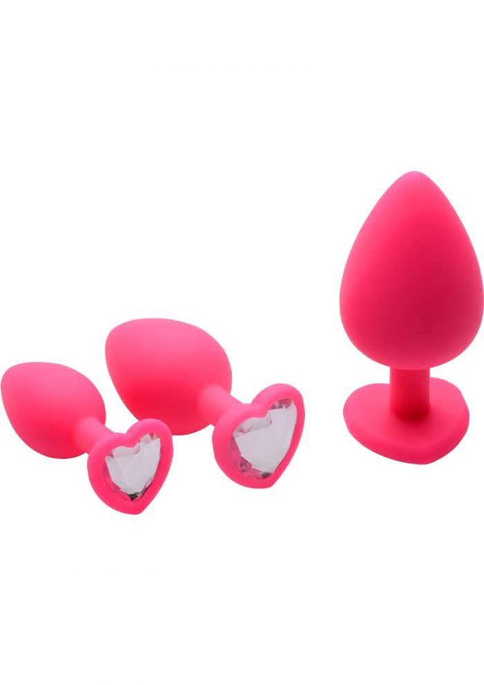 Frisky Pink Hearts Silicone Anal Plugs With Gem Accents Pink 3 Assorted Sizes Per Box