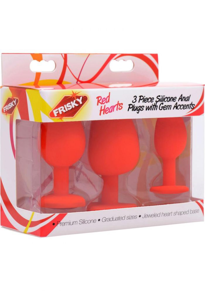 Frisky Red Hearts 3 Piece Silicone Anal Plugs With Gem Accents
