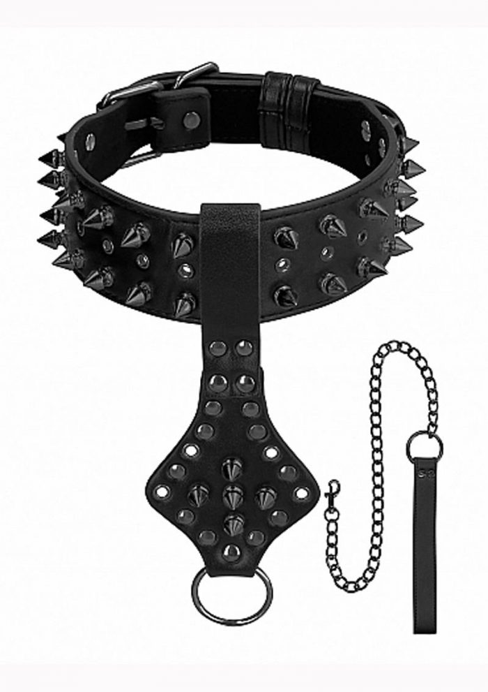 Ouch! Skulls And Bones Deluxe Spiked Collar With Leash Black