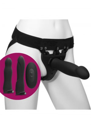 Body Extensions Be Naughty Silicone Strap-On Rechargeable Vibrating Harness with 2 Hollow Dildos and Remote 7in and 7.5in - 4 Piece Set - Black