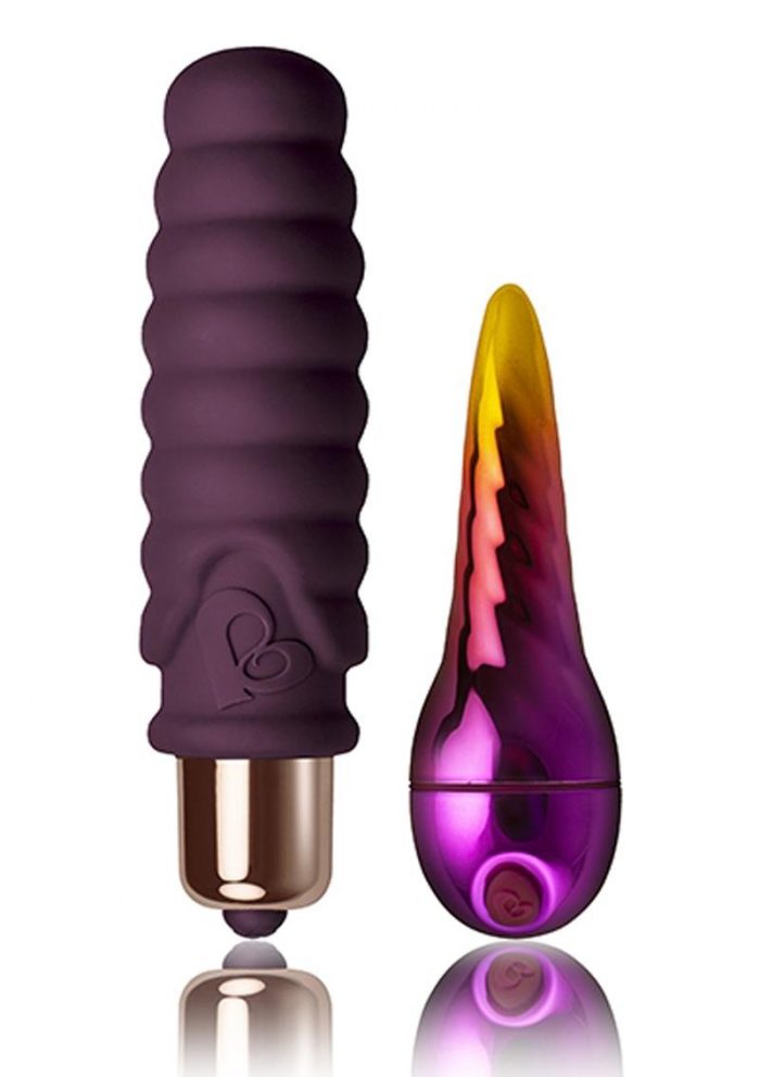 Enchanted Thrill Me Set Two Vibrators Waterproof Purple And Metallic Rainbow