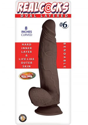 Realcocks Dual Layered #6  Bendable Realistic Dong Waterproof 8 Inches  Dark Brown