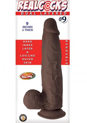 Realcocks Dual Layered #9  Bendable Realistic Dong Waterproof 9 Inches  Dark Brown
