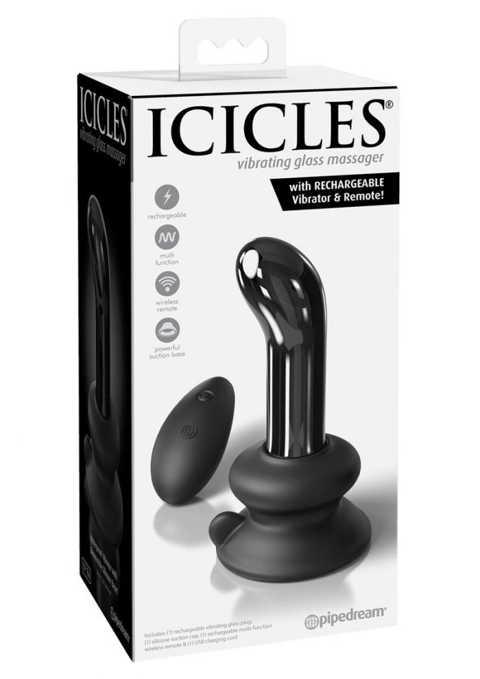 Icicles No 84 Rechargeable Glass P-Spot Plug With Remote Control - Black