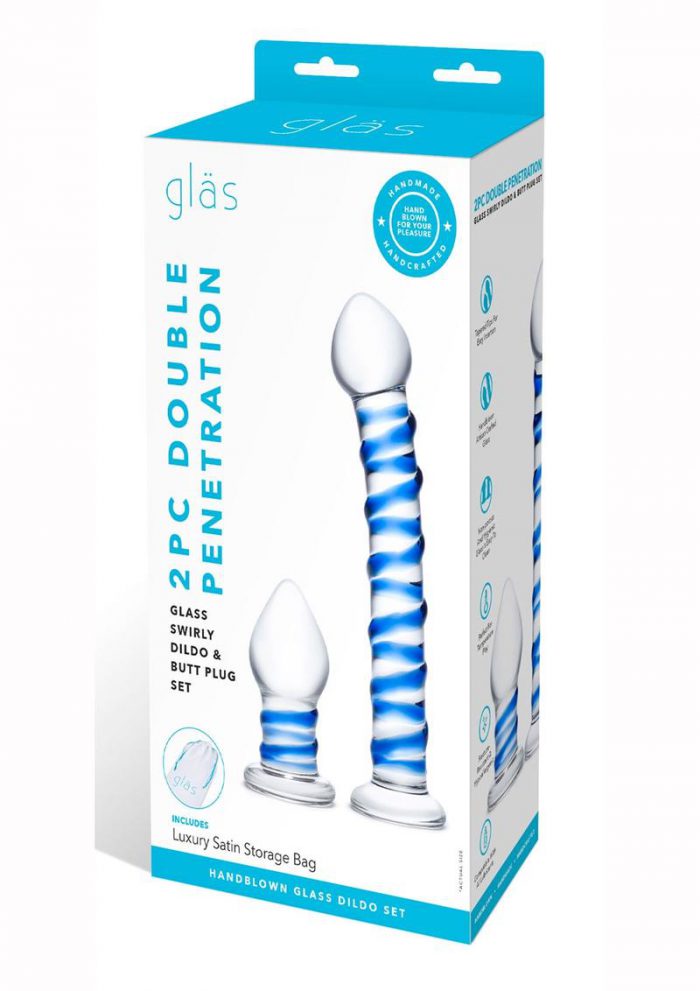 Glas Swirly Dildo andamp; Buttplug Set - Clear/Blue