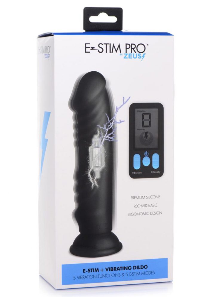 Zeus Vibrating andamp; E-Stim Rechargeable Silicone Dildo With Remote Control 7.9in- Black