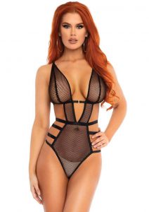 Leg Avenue Fishnet Cut Out Strappy G-String Teddy With Adjustable Straps - Small - Black