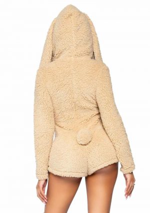 Leg Avenue Cuddle Bunny Ultra Soft Zip Up Teddy with Bunny Ear Hood and Cute Bunny Tail - Small - Beige