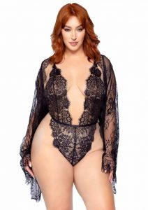 Matching Lace Robe with Scalloped Trim and Satin Tie (3 pieces) - 1X-2X - Black