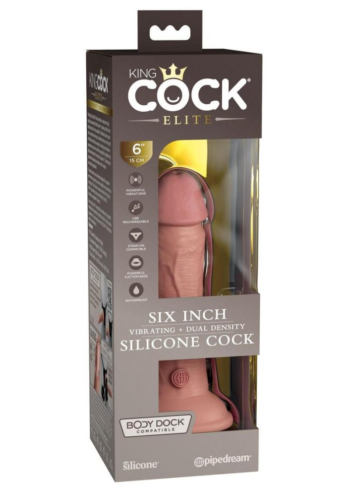 King Cock Elite Dual Density Vibrating Rechargeable Silicone Dildo with Remote Control Dildo 6in - Vanilla