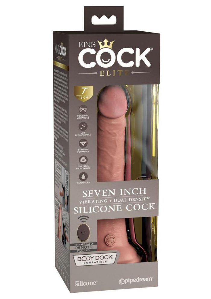 King Cock Elite Dual Density Vibrating Rechargeable Silicone Dildo with Remote Control Dildo 7in - Vanilla