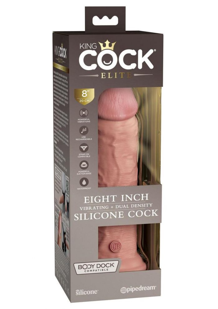 King Cock Elite Dual Density Vibrating Rechargeable Silicone Dildo with Remote Control Dildo 8in - Vanilla
