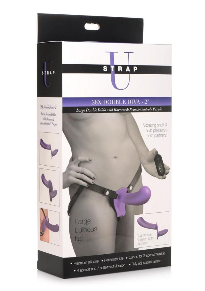 Strap U 28x Rechargeable Silicone 28X Large Double Dildo with Harness andamp; Remote Control - Purple