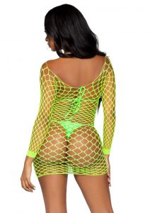 Leg Avenue Supreme Fence Net Long Sleeved Mini Dress - O/S - Neon Green