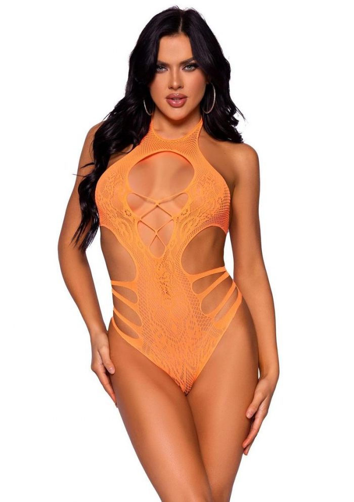 Leg Avenue Lace Cut Out Strappy Bodysuit - O/S - Neon Orange