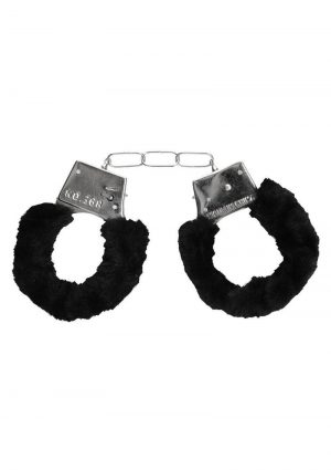 Ouch! Pleasure Furry Hand Cuffs with Quick Release Button - Black