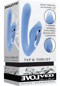 Tap andamp; Thrust Rechargeable Silicone Vibrator with Clitoral Stimulation - Blue