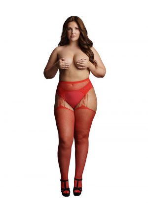Le Desir Suspender Rhinestone Pantyhose - Queen - Red