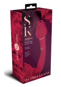 Secret Kisses Rosegasm Twosome Rechargeable Silicone Dual End Vibrator with Clitoral Stimulator - Red