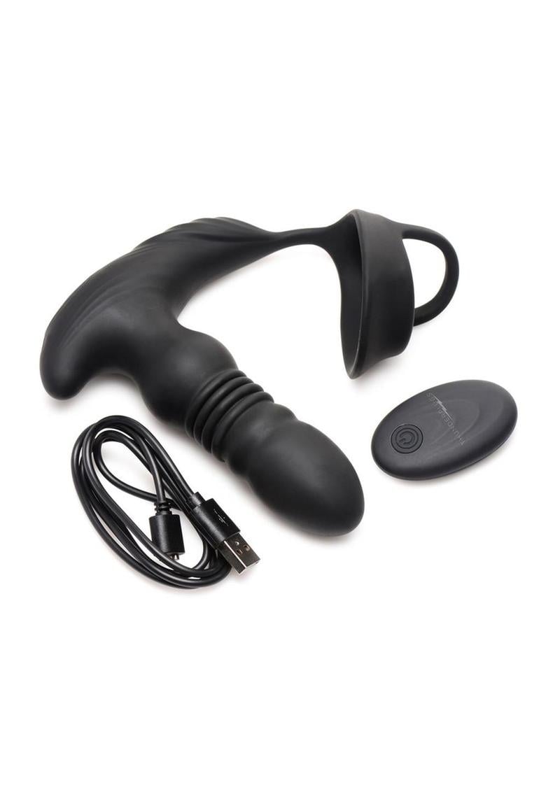 Thunder Plugs Rechargeable 10X Thrusting Silicone Vibrator with Cock andamp; Ball Strap - Black photo picture
