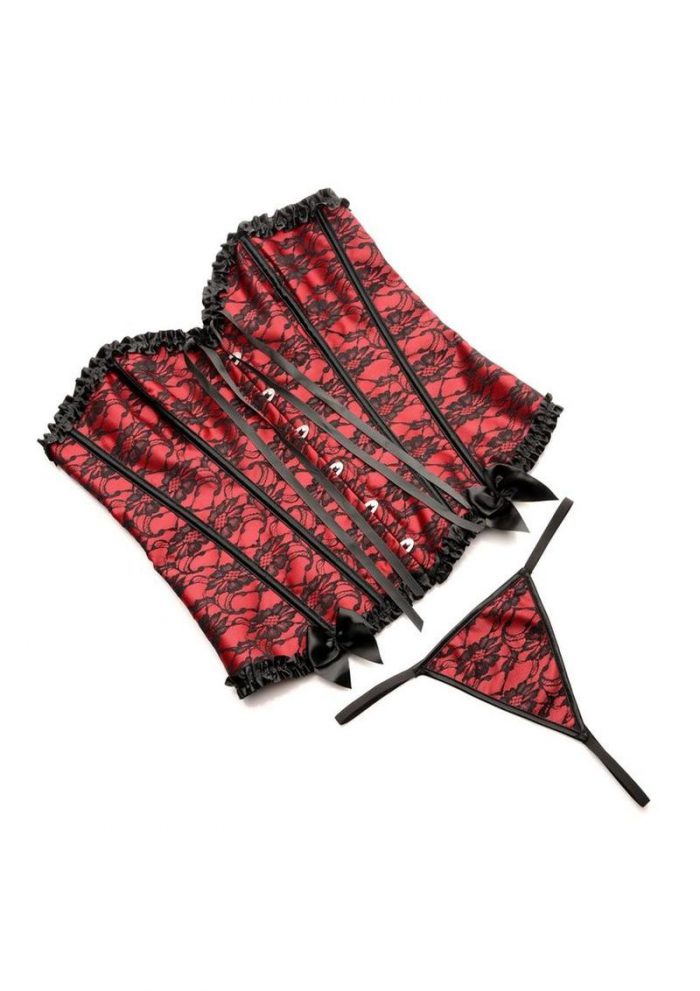 Master Series Scarlet Seduction Lace-up Corset andamp; Thong - Medium - Red/Black