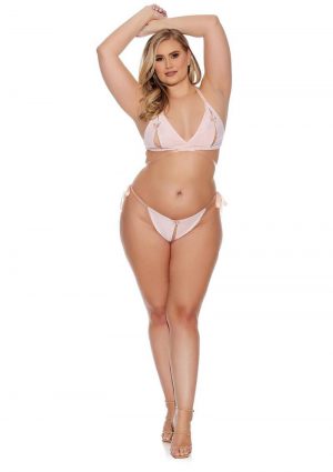 Barely Bare Tie-Up Bralette andamp; Open Panty 2pc - Plus Size - Peach
