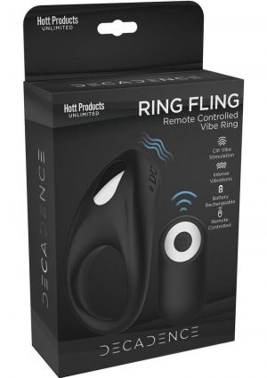 Decadence Ring Fling Silicone Vibrating Cock Ring with Remote Control - Black