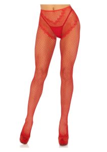 Leg Avenue French Cut Crotchless Fishnet Tights with Heart Backseam and Faux Lace Up Back - O/S - Red
