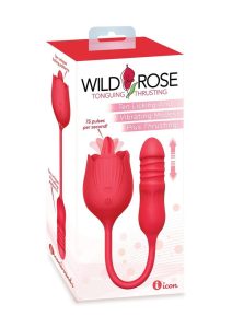 Wild Rose Lick and Thrust Rechargeable Silicone Dual Vibrator with Clitoral Stimulator - Red