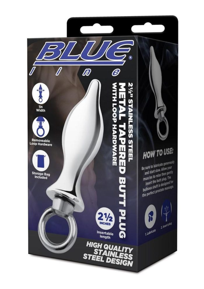 Blue Line Metal Tapered Butt Plug with Loop Hardware 2.5in - Stainless Steel