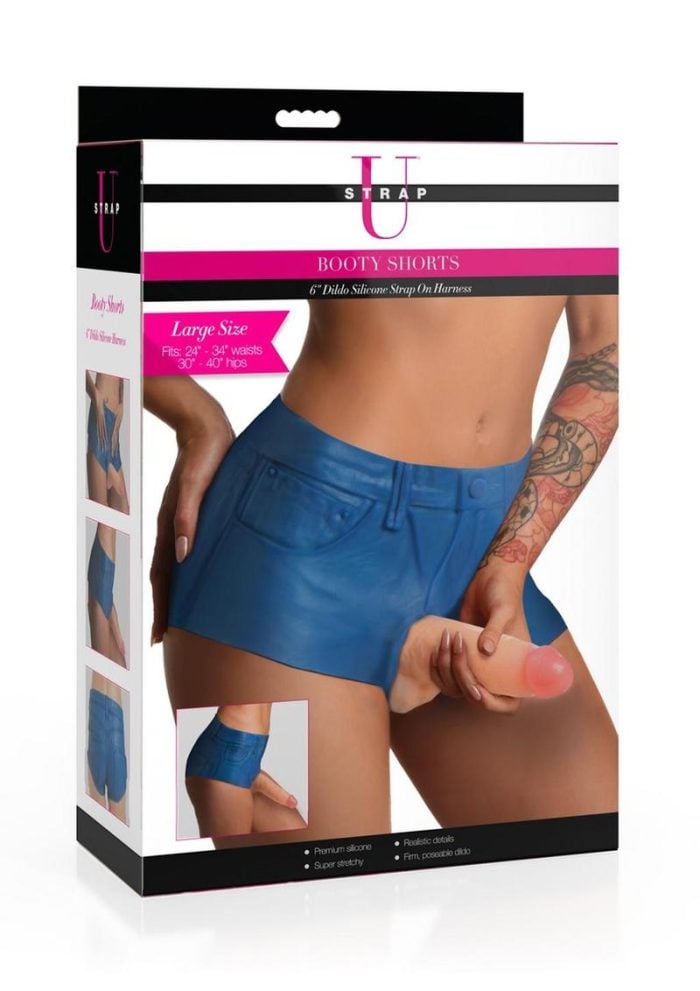 Strap U Booty Shorts Strap On Harness with Dildo 6in - Blue/Vanilla - Large