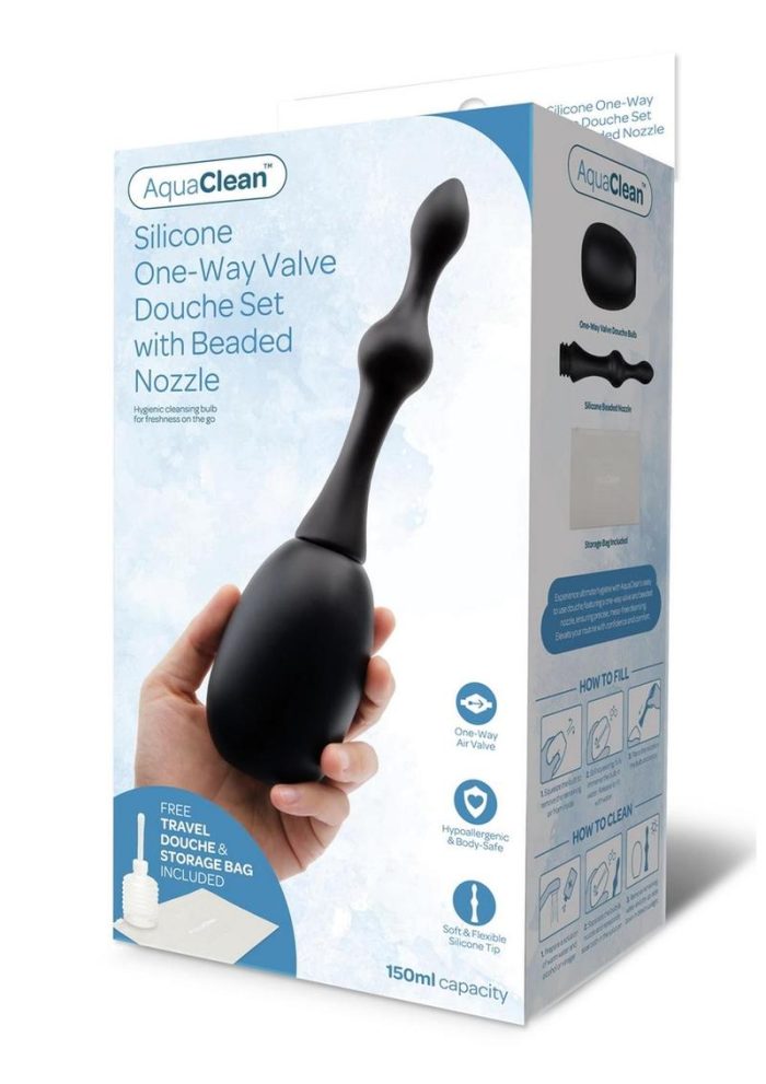 AquaClean 150ML One Way Valve Douche with Anal Bead Nozzle - Black